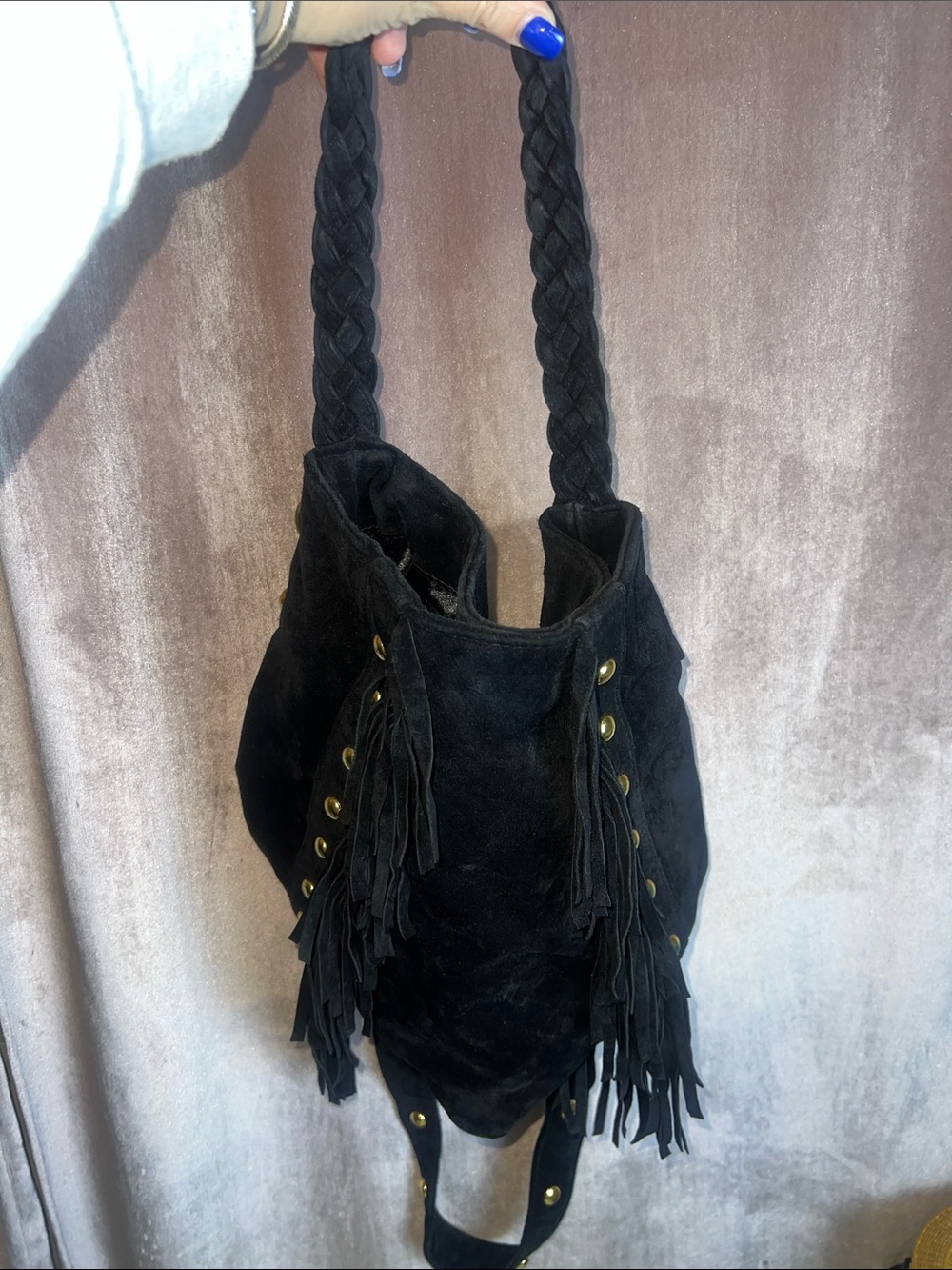 JJ Winters Black Suede Fringe Shoulder Bag with Braided Strap